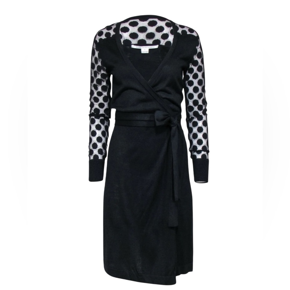 Diane von Furstenberg - Black Wrap Dress w/ Semi Sheer Polka Dot Sleeves